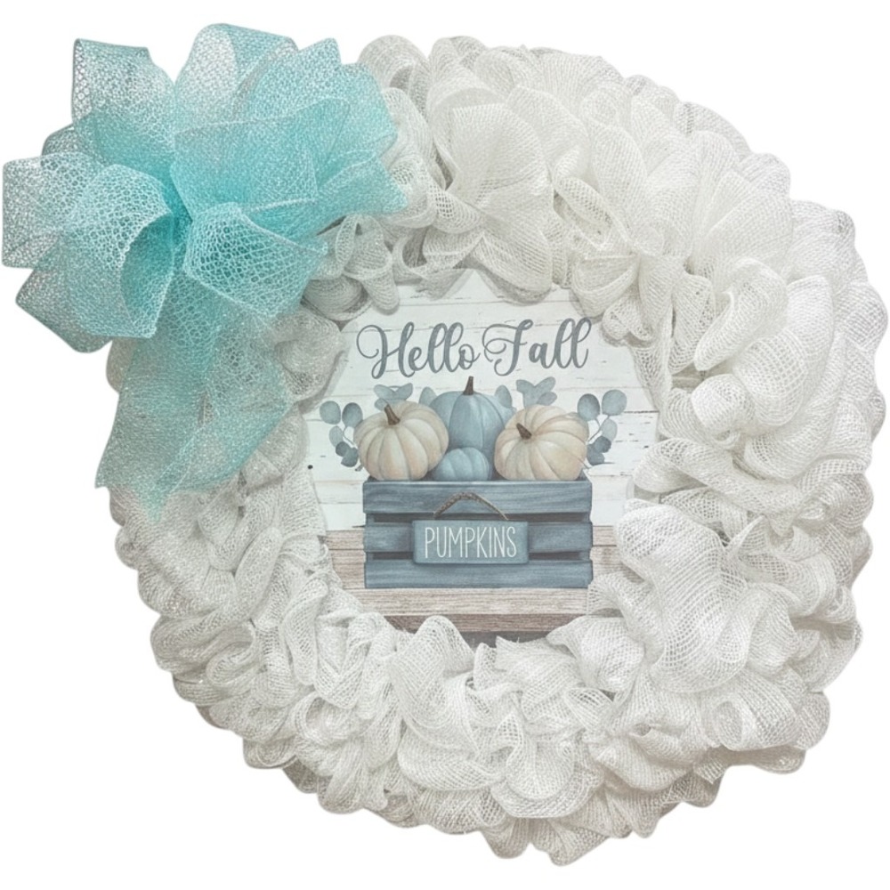 Hello Fall Mesh Wreath White Blue Pumpkin Coastal Farmhouse Door Decor Hand Made